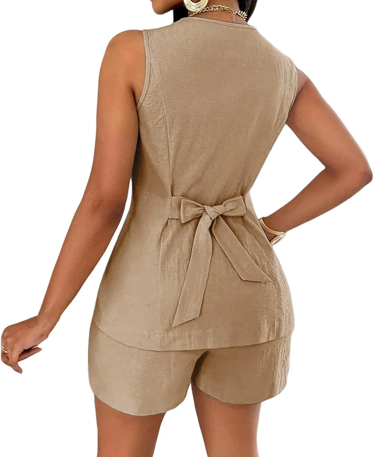 Women's Summer 2 Piece Outfits Blazer Vest Set Button Down Suit Vest Tops High Waisted Shorts Business Casual Outfits