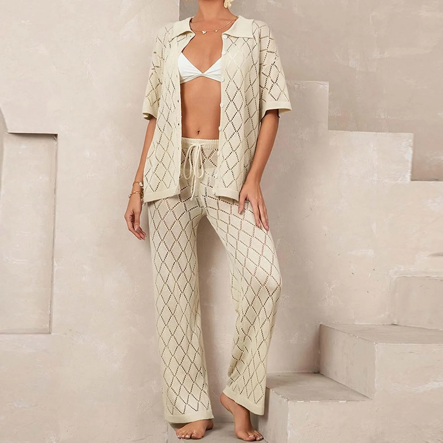 Womens Summer 2 Piece Swimsuit Cover up Crochet Knit Cardigan Button Shirt Tops Long Pants Bathing Suit Beach Outfit
