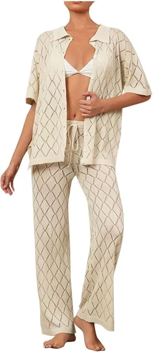 Womens Summer 2 Piece Swimsuit Cover up Crochet Knit Cardigan Button Shirt Tops Long Pants Bathing Suit Beach Outfit