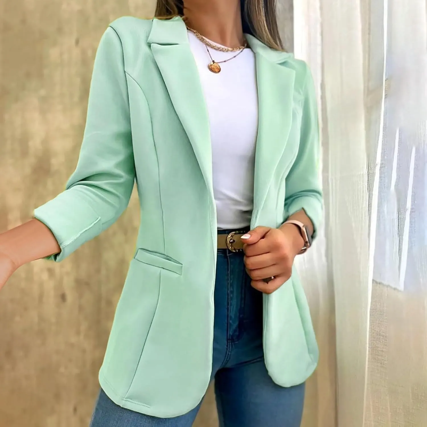 Women's Summer Blazer Lapel 3/4 Sleeve Pocket Elegant Temperament Elegant Trendy Outdoor Simple Stylish Suit Jackets