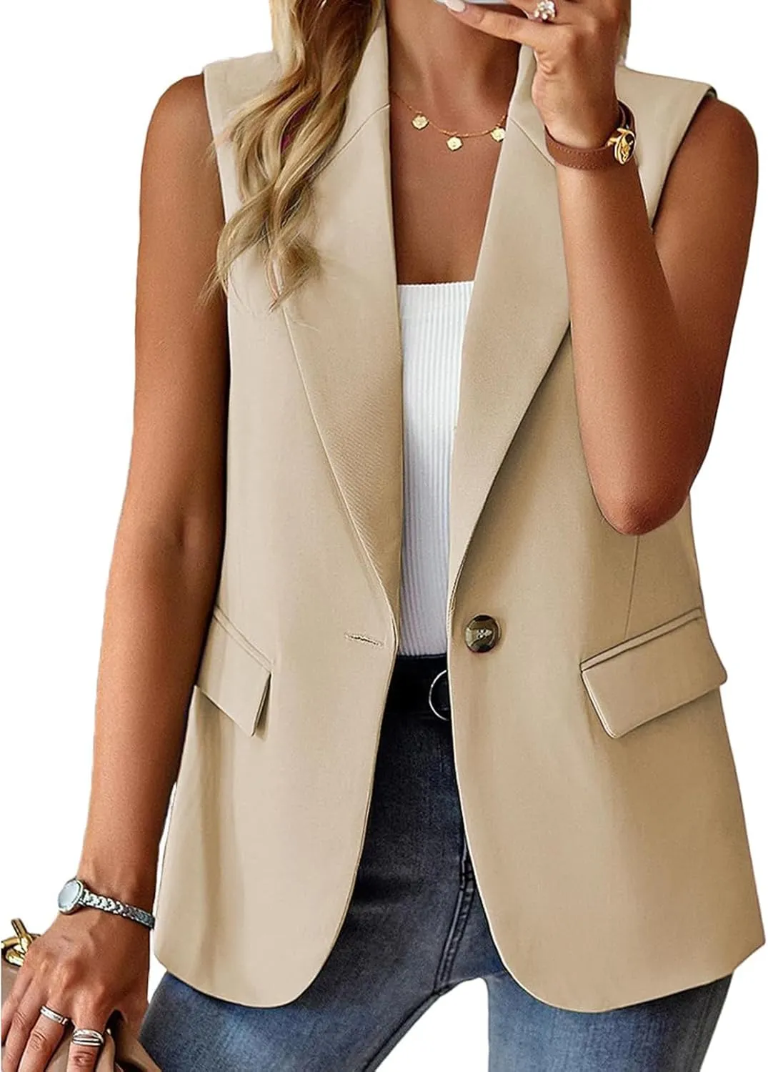 Womens Vest Casual Sleeveless Blazers Open Front Summer Jackets Lightweight Work Business Blazers with Pockets
