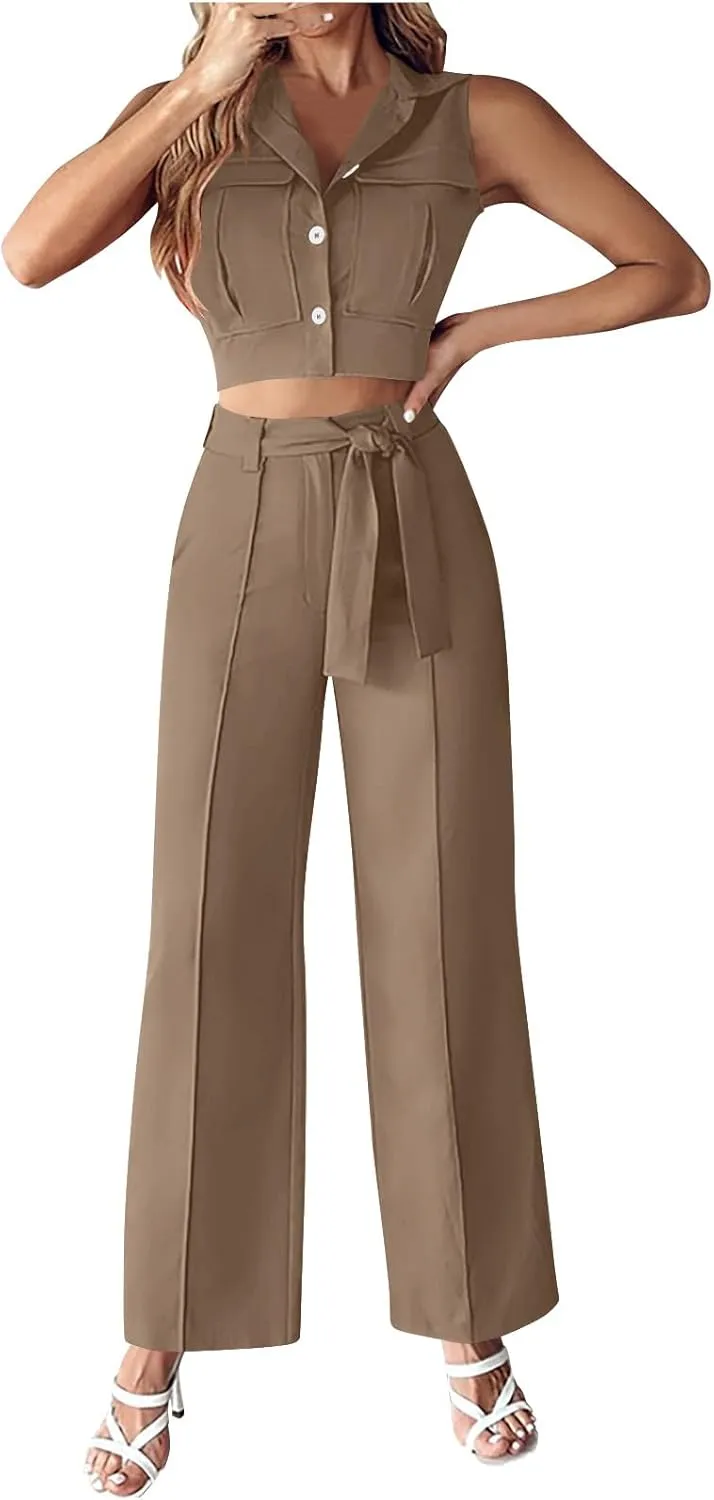 Womens Vest Sets Summer 2 Piece Outfits Sleeveless Lapel Button Crop Blazer Tank Top and Wide Leg Belted Pants Suits
