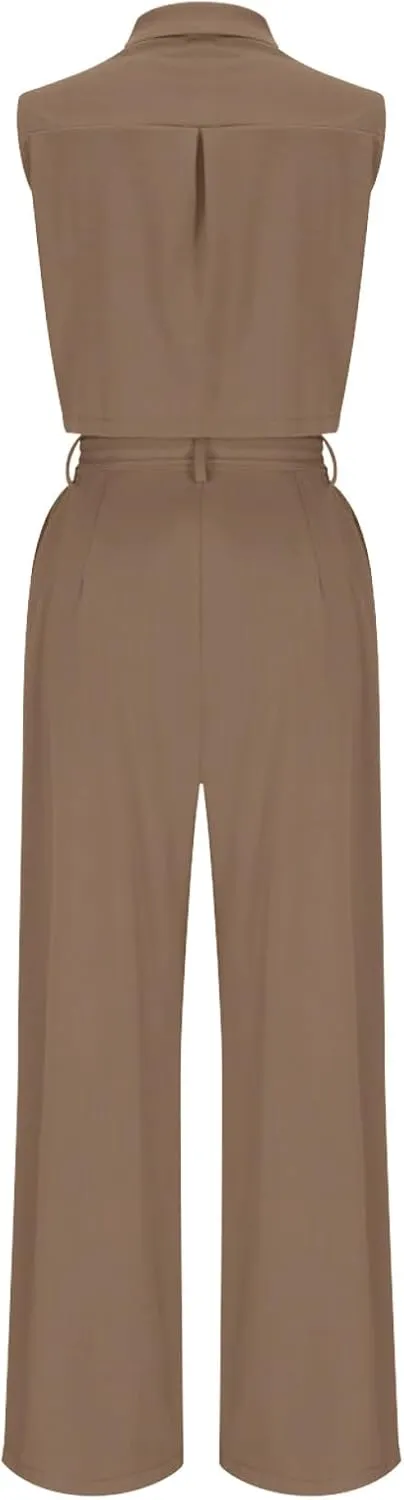 Womens Vest Sets Summer 2 Piece Outfits Sleeveless Lapel Button Crop Blazer Tank Top and Wide Leg Belted Pants Suits