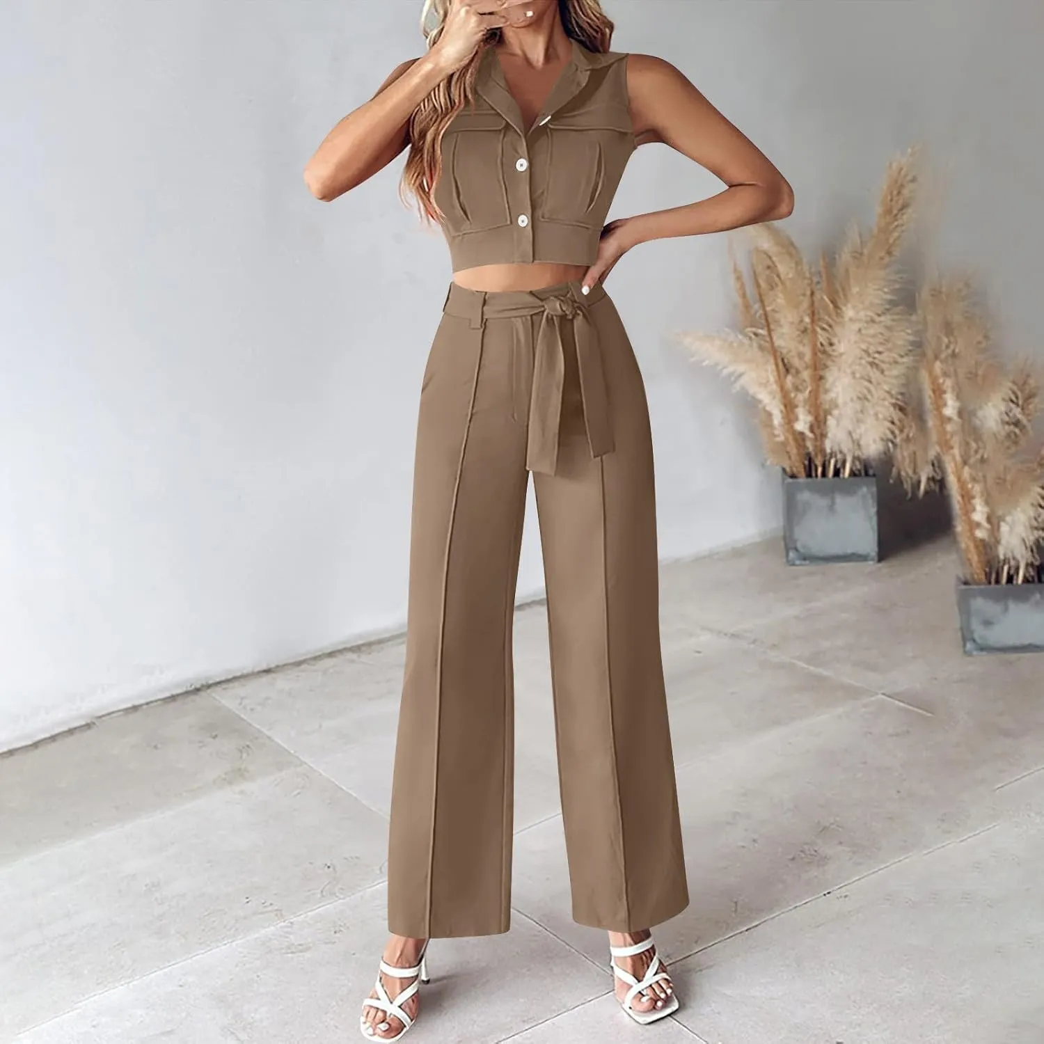 Womens Vest Sets Summer 2 Piece Outfits Sleeveless Lapel Button Crop Blazer Tank Top and Wide Leg Belted Pants Suits