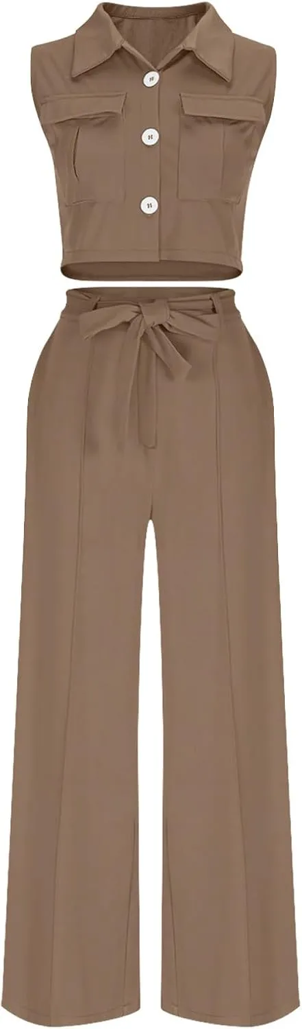 Womens Vest Sets Summer 2 Piece Outfits Sleeveless Lapel Button Crop Blazer Tank Top and Wide Leg Belted Pants Suits