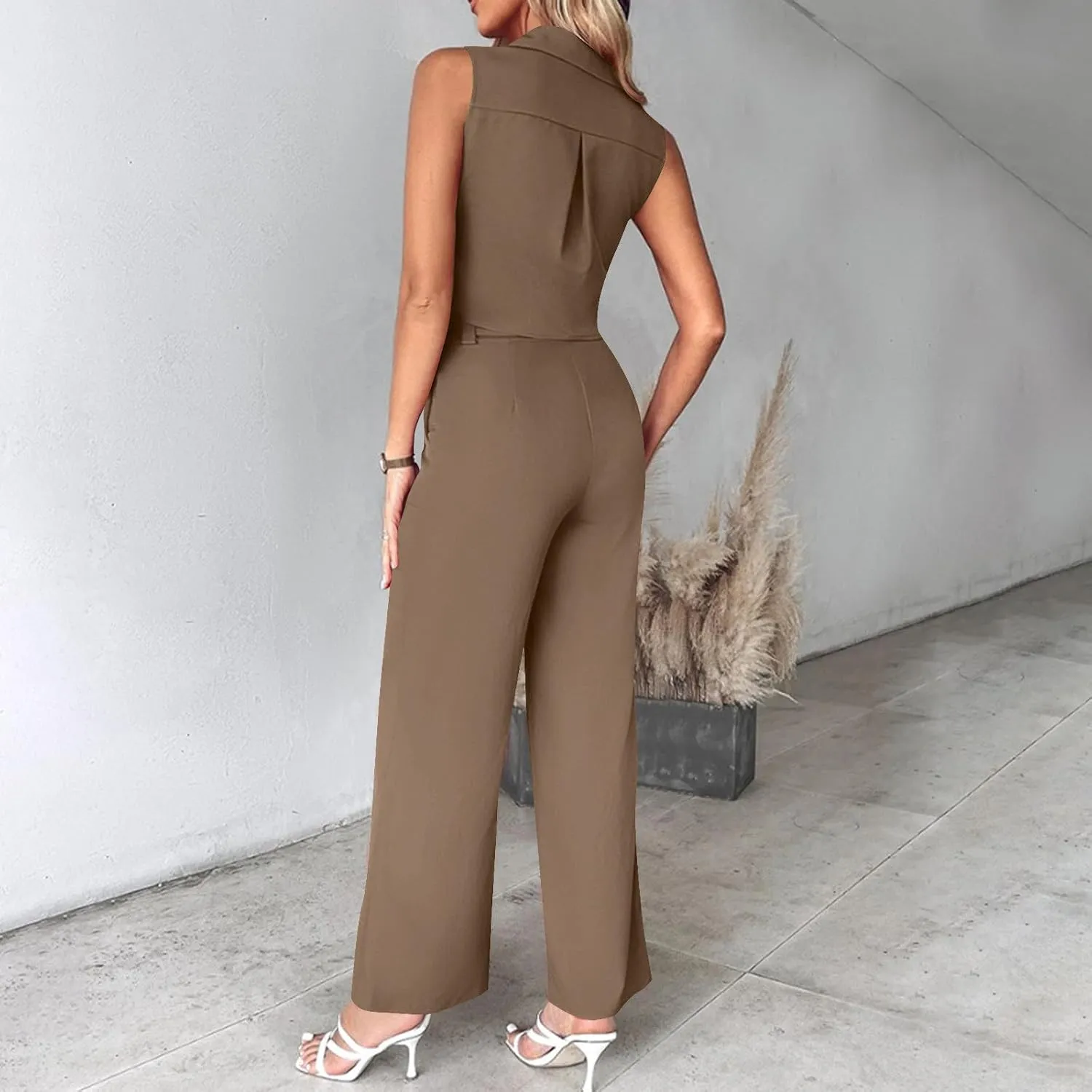 Womens Vest Sets Summer 2 Piece Outfits Sleeveless Lapel Button Crop Blazer Tank Top and Wide Leg Belted Pants Suits