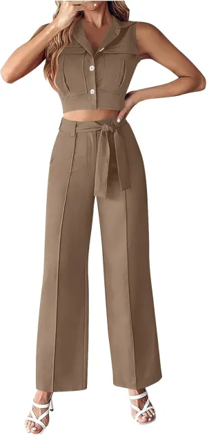 Womens Vest Sets Summer 2 Piece Outfits Sleeveless Lapel Button Crop Blazer Tank Top and Wide Leg Belted Pants Suits