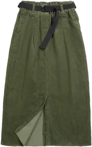 Women's Vintage Corduroy Skirts Cotton Wash Pencil Long Skirt A-Line Hight Waist Sashes Bottoms