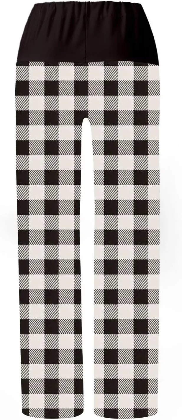 Womens Wide Leg Pants Drawstring Mid Rise Straight Leg Plaid Trousers Casual Loose Comfy Baggy Pants