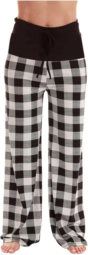 Womens Wide Leg Pants Drawstring Mid Rise Straight Leg Plaid Trousers Casual Loose Comfy Baggy Pants