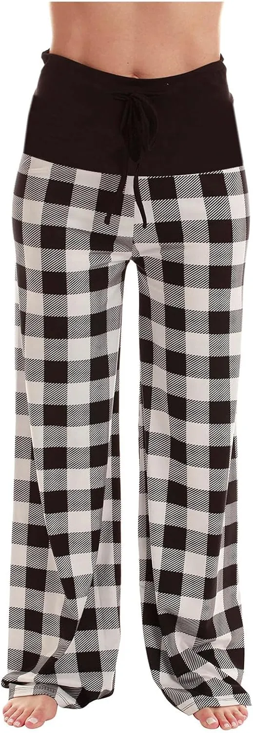 Womens Wide Leg Pants Drawstring Mid Rise Straight Leg Plaid Trousers Casual Loose Comfy Baggy Pants