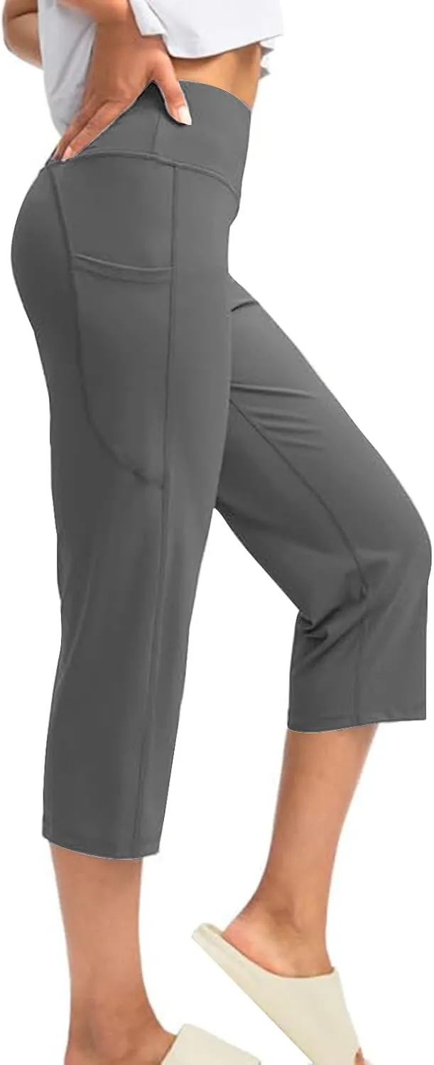 XUNRYAN Womens Capri Leggings Yoga Pants High Waist Crop Athletic Workout Gym Straight Leg Trousers Activewear with Pockets