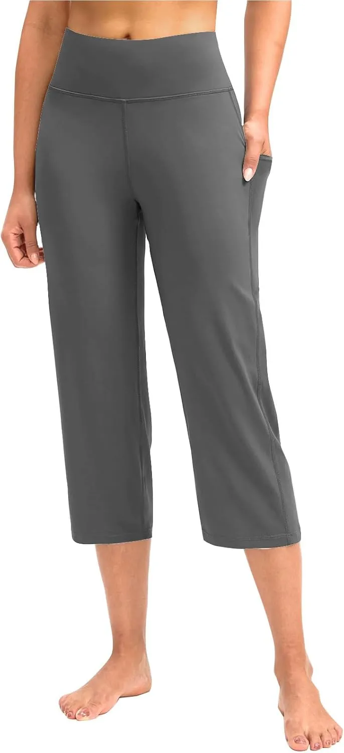 XUNRYAN Womens Capri Leggings Yoga Pants High Waist Crop Athletic Workout Gym Straight Leg Trousers Activewear with Pockets