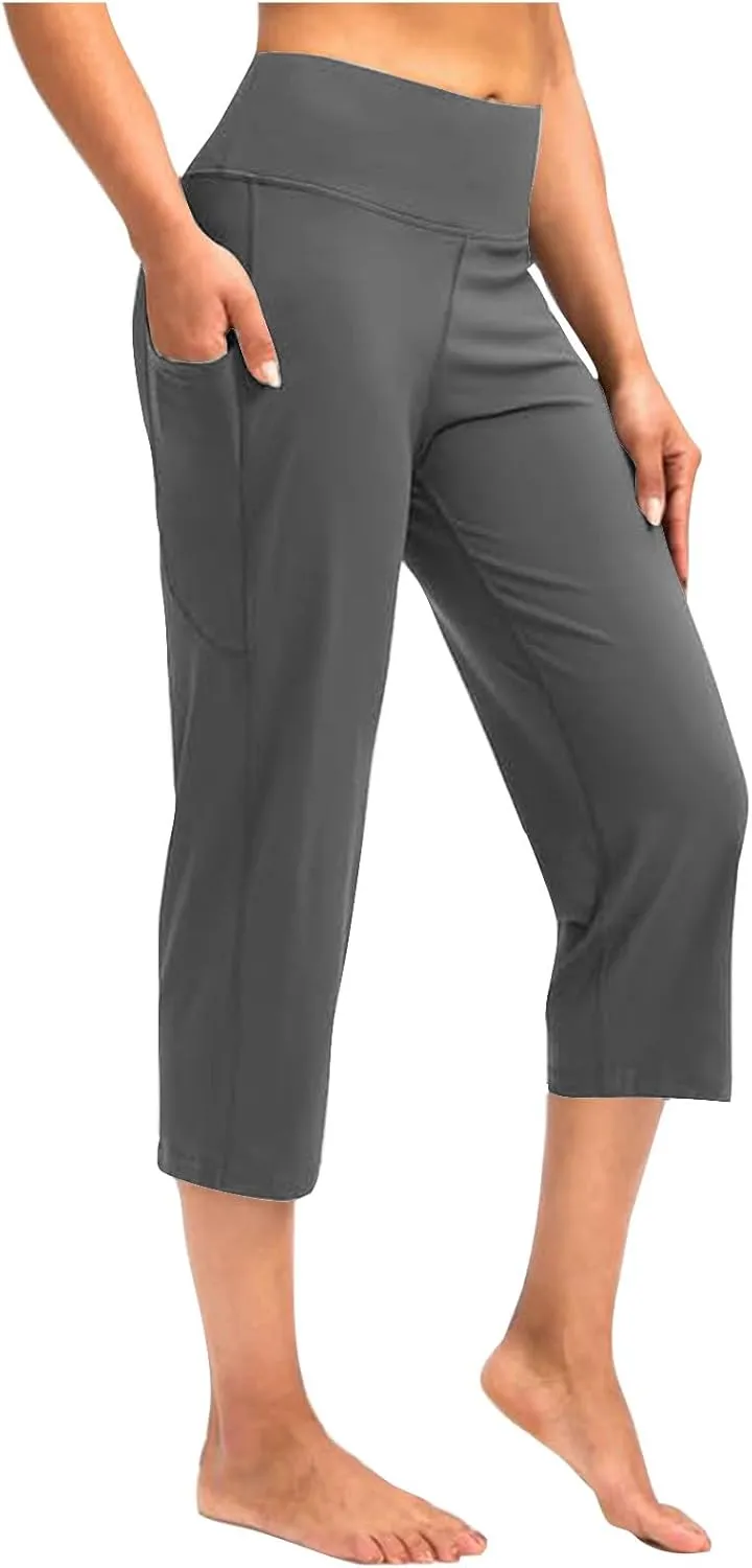 XUNRYAN Womens Capri Leggings Yoga Pants High Waist Crop Athletic Workout Gym Straight Leg Trousers Activewear with Pockets