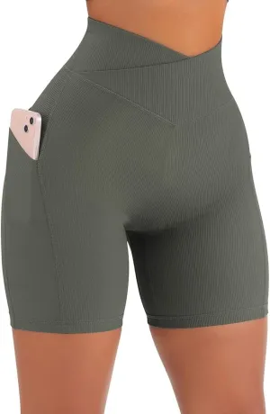 Yuerlian Women Seamless Booty Biker Shorts Cross Workout Shorts 5" High Waisted Shorts with Pockets