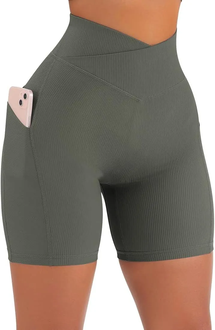 Yuerlian Women Seamless Booty Biker Shorts Cross Workout Shorts 5" High Waisted Shorts with Pockets