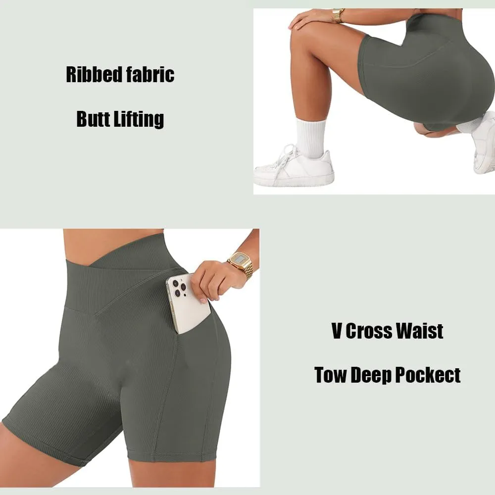 Yuerlian Women Seamless Booty Biker Shorts Cross Workout Shorts 5" High Waisted Shorts with Pockets