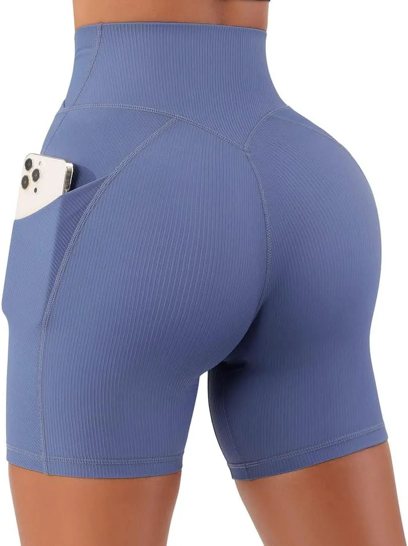 Yuerlian Women Seamless Booty Biker Shorts Cross Workout Shorts 5" High Waisted Shorts with Pockets