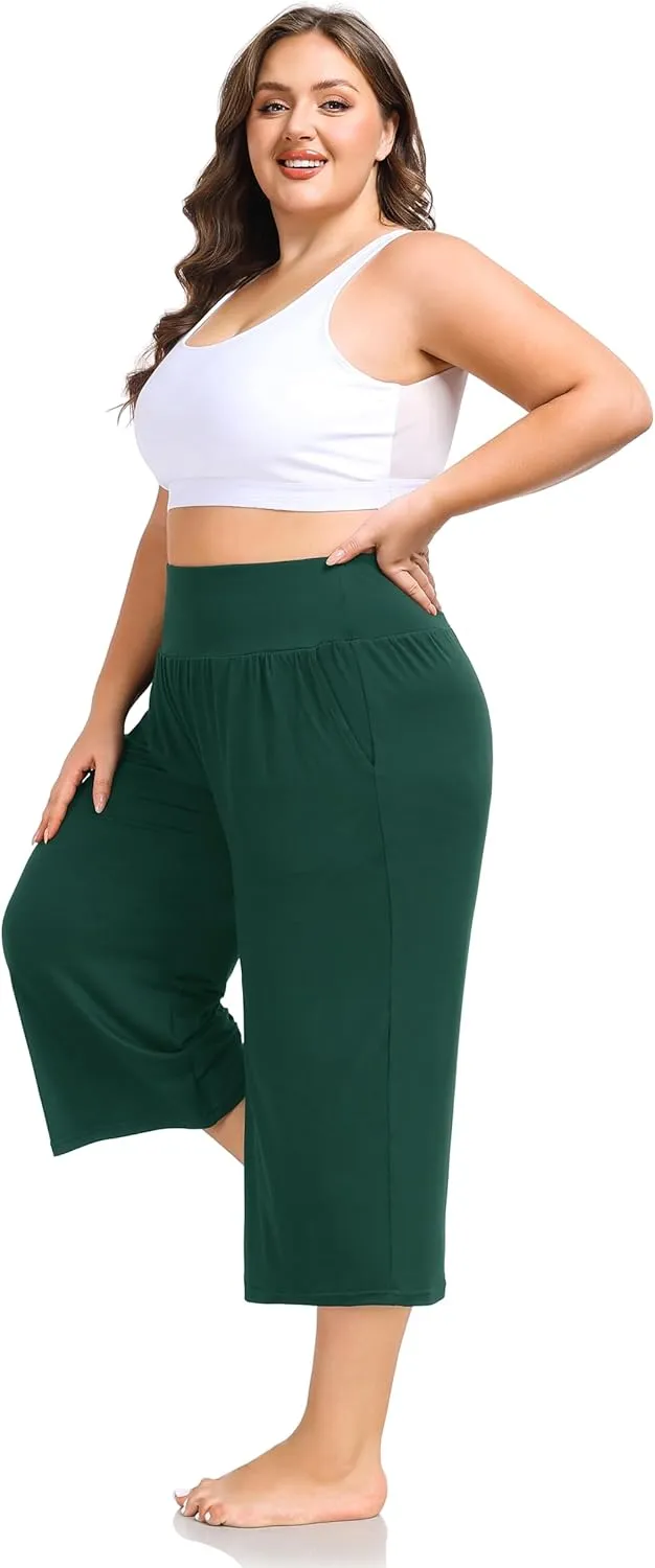 ZERDOCEAN Women's Plus Size Wide Leg Capris High Waist Yoga Pants Casual Loose Lounge Pants with Pockets