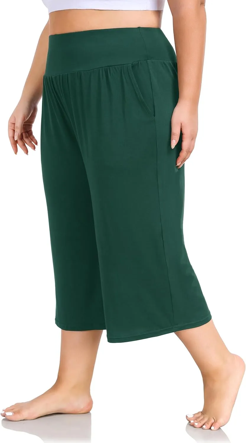 ZERDOCEAN Women's Plus Size Wide Leg Capris High Waist Yoga Pants Casual Loose Lounge Pants with Pockets