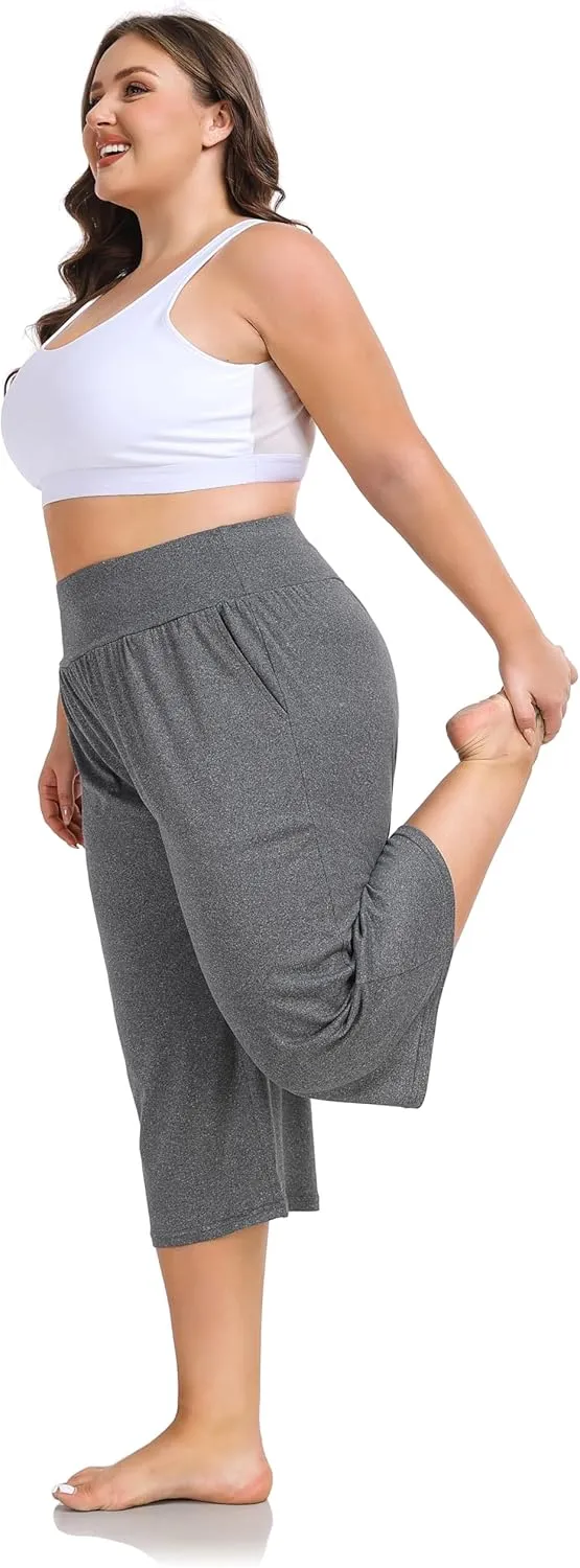 ZERDOCEAN Women's Plus Size Wide Leg Capris High Waist Yoga Pants Casual Loose Lounge Pants with Pockets