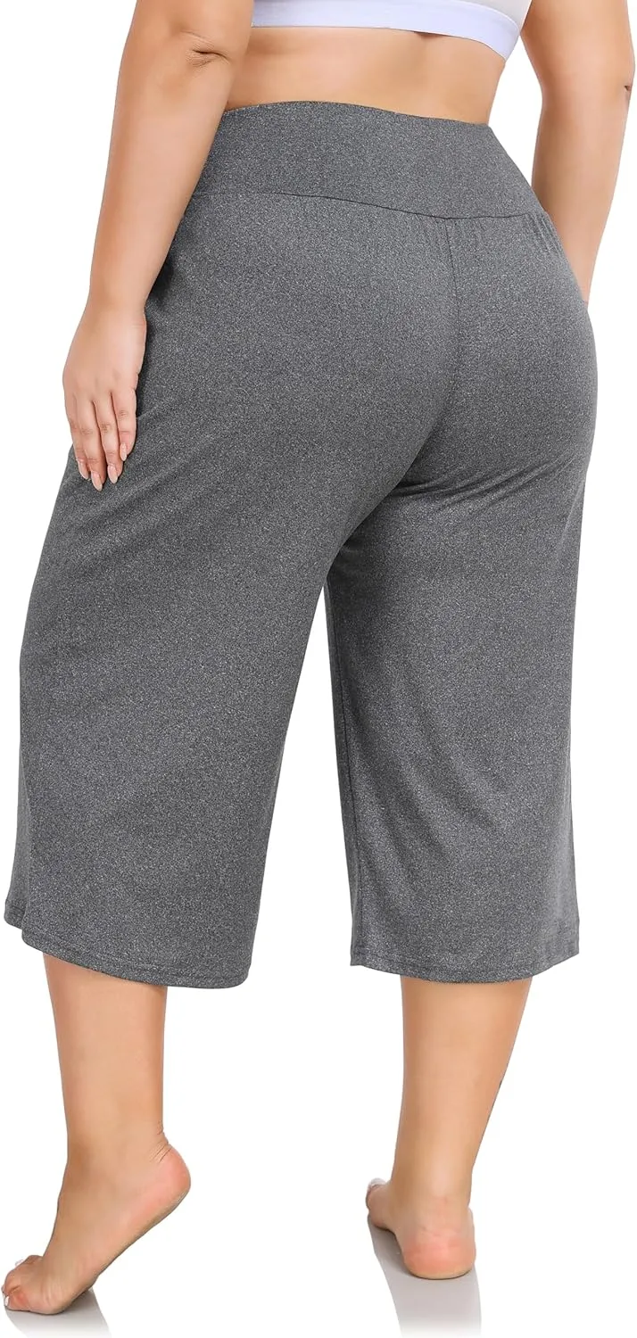 ZERDOCEAN Women's Plus Size Wide Leg Capris High Waist Yoga Pants Casual Loose Lounge Pants with Pockets