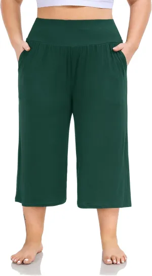 ZERDOCEAN Women's Plus Size Wide Leg Capris High Waist Yoga Pants Casual Loose Lounge Pants with Pockets