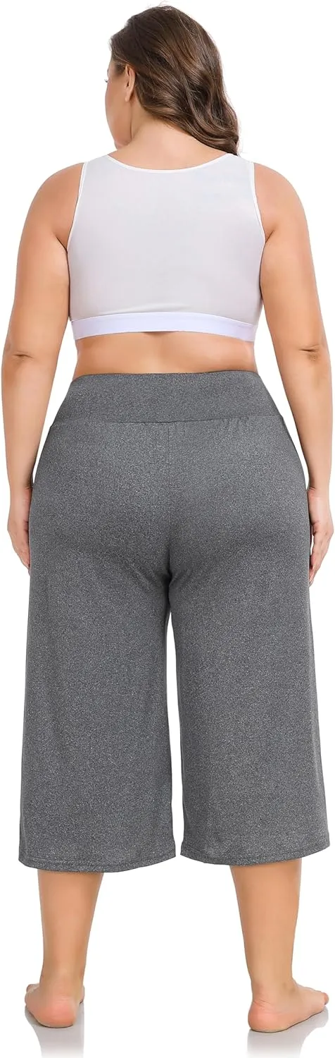 ZERDOCEAN Women's Plus Size Wide Leg Capris High Waist Yoga Pants Casual Loose Lounge Pants with Pockets