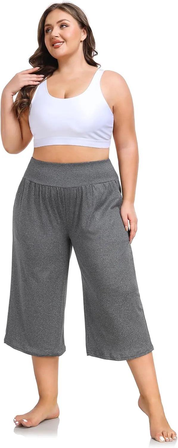 ZERDOCEAN Women's Plus Size Wide Leg Capris High Waist Yoga Pants Casual Loose Lounge Pants with Pockets