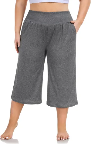ZERDOCEAN Women's Plus Size Wide Leg Capris High Waist Yoga Pants Casual Loose Lounge Pants with Pockets