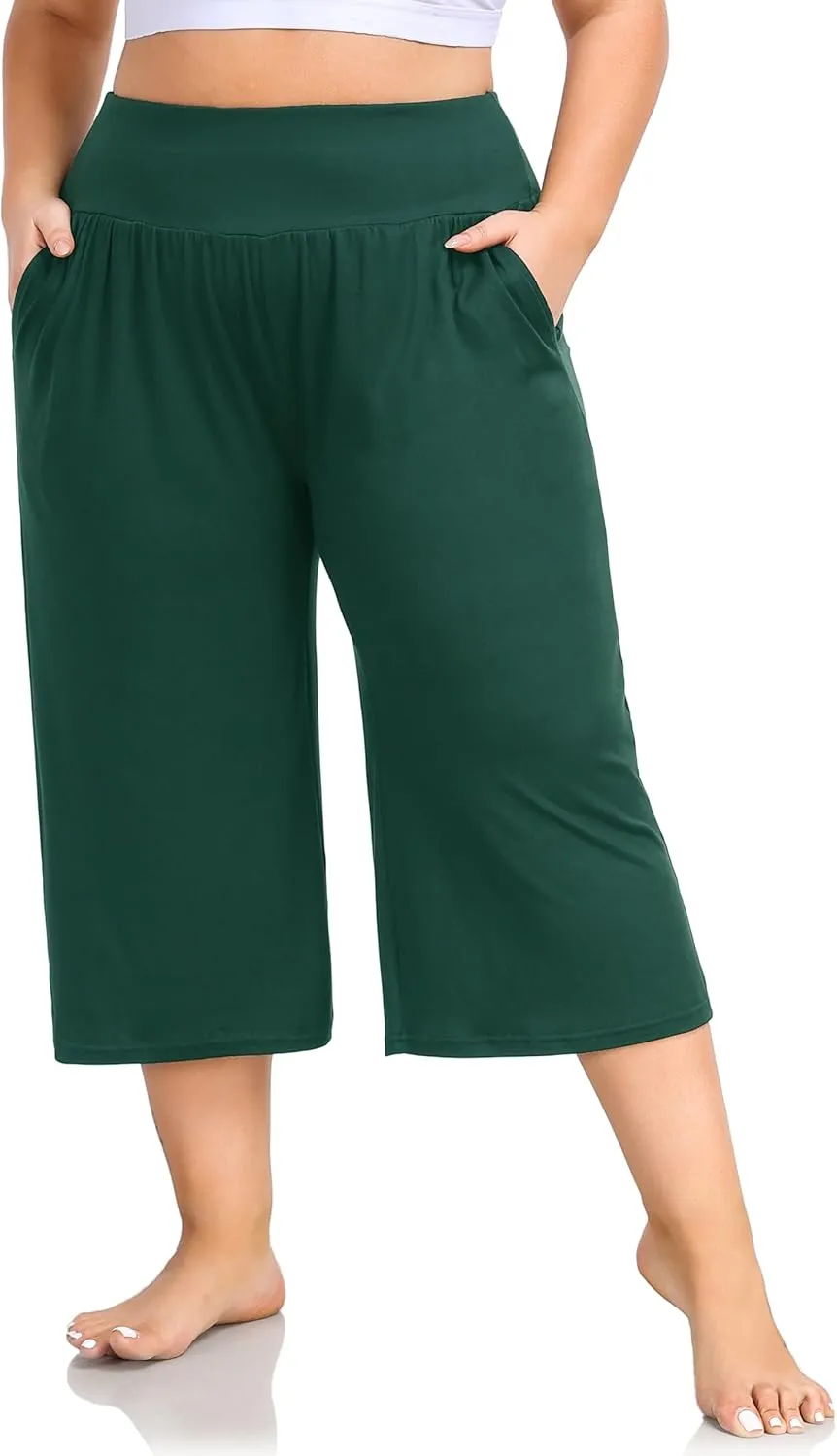 ZERDOCEAN Women's Plus Size Wide Leg Capris High Waist Yoga Pants Casual Loose Lounge Pants with Pockets