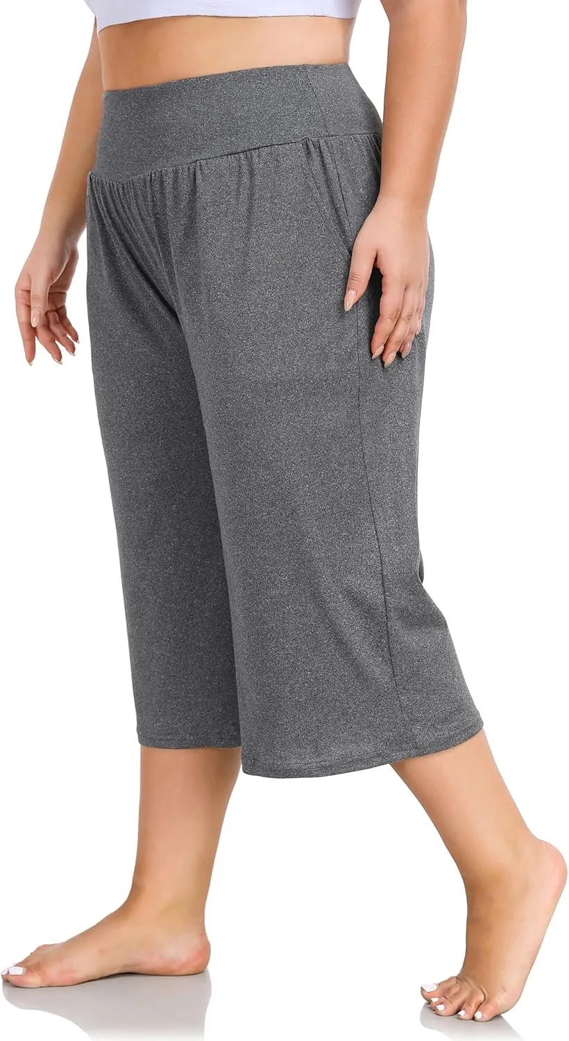 ZERDOCEAN Women's Plus Size Wide Leg Capris High Waist Yoga Pants Casual Loose Lounge Pants with Pockets