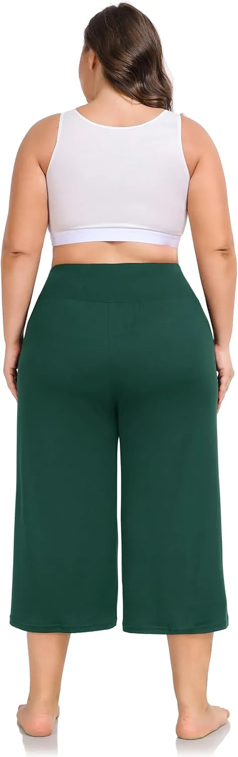 ZERDOCEAN Women's Plus Size Wide Leg Capris High Waist Yoga Pants Casual Loose Lounge Pants with Pockets